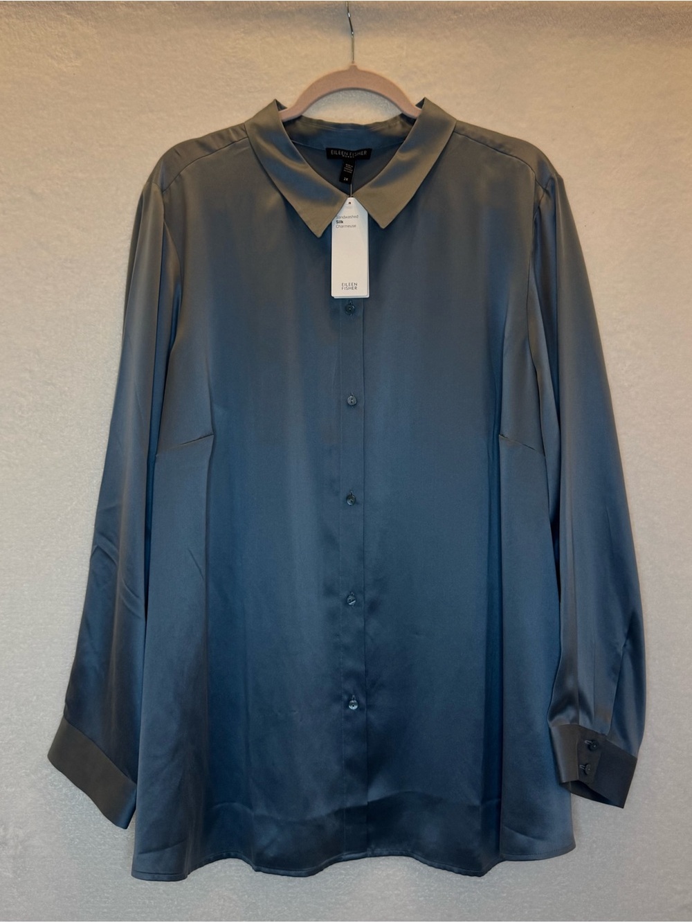 New Eileen Fisher 100% Silk Charmeuse Button-down Shirt Sandwashed 2X Luxury